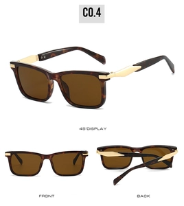 Dettaglio degli occhiali da sole quadrati tartarugati con stanghette dorate