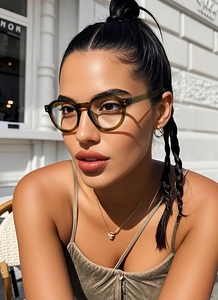 Close-up of olive green retro round frame glasses worn by a model in bright natural light