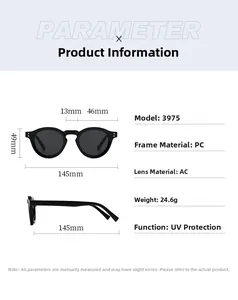 Detailed size chart showing dimensions and UV protection specs for round sunglasses