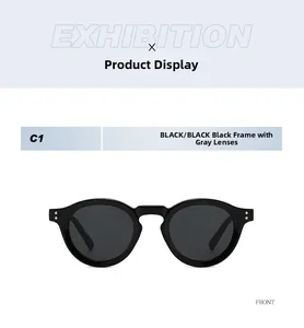 Front view of model C1 classic round black sunglasses with dark black lenses