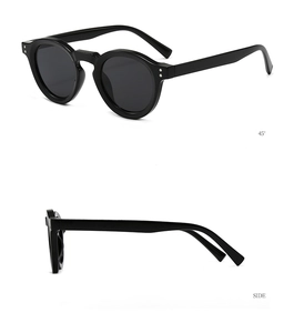 Detailed views of black round sunglasses showing 45-degree angle and side profile shots