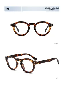 Detail of round demi tortoise glasses frame showing front and 45 degree angle views