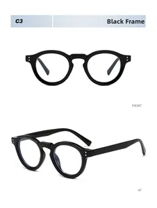 Detailed front and 45-degree side view of classic black round glasses with silver metal dots