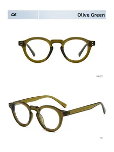 Detailed front and 45-degree angle views of olive green retro round sunglasses