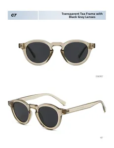 Detailed front and 45-degree angle view of vintage round sunglasses in tea brown color