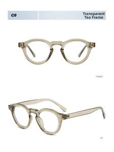 Front and 45-degree views of vintage round transparent tea glasses frames in detail