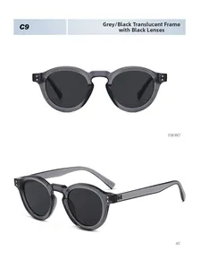 Detail view of transparent grey retro round sunglasses with metal rivets and dark lenses
