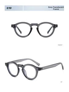 Detailed front and side views of vintage round glasses in transparent grey frames