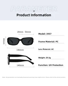 Detailed size chart for 2025 fashion sunglasses showing PC frame and AC lens dimensions