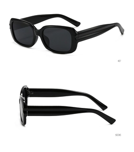 Polished black rectangular sunglasses showing 45-degree angle and side profile details