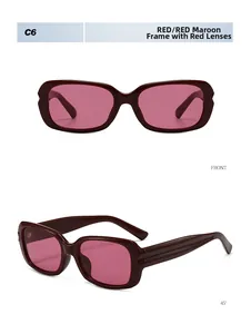 Detailed front and 45-degree angle view of vintage burgundy red rectangle sunglasses
