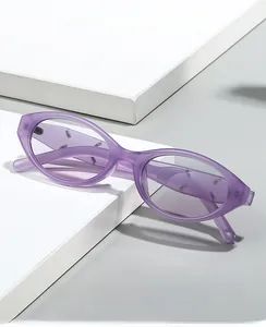 Detail view of purple translucent oval frames of the 2025 fashion eyewear model