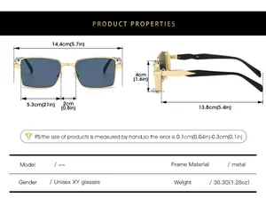 Detailed size chart for square metal sunglasses showing precise dimensions and lens width