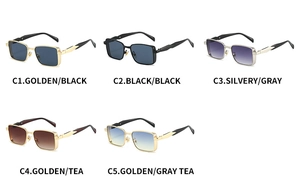 Detail showing five metallic rectangular sunglasses with various gradient lens colors