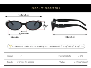 Detailed size specifications for small cat-eye black oval sunglasses with lens dimensions