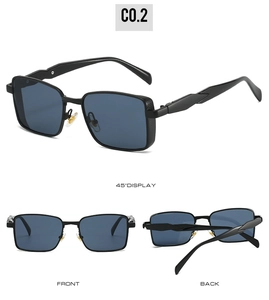 Three-angle view of black square frame sunglasses with dark lenses and geometric temples