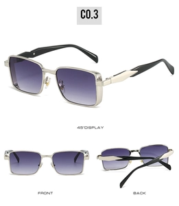 Detail view of silver metal square sunglasses with purple gradient lenses from three angles