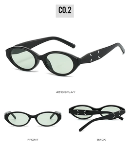Three-view layout of retro cat-eye sunglasses with signature four-stitch temple detail