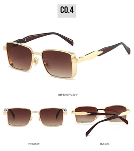 Three-view display of metal square frame sunglasses with gold finish and gradient brown lenses
