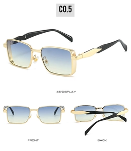 Detailed side and front view of metallic square sunglasses with blue-yellow gradient lenses