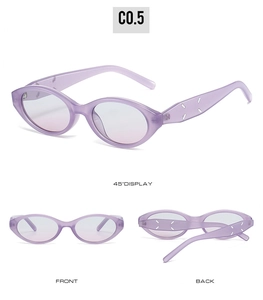 Three views of purple cat-eye sunglasses featuring white four-stitch temple details