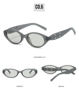 Multi-angle views of grey cat-eye sunglasses with signature white stitch temple detail