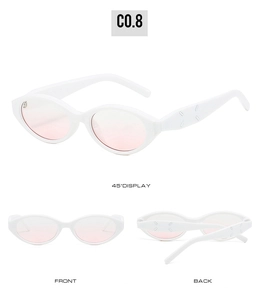Detailed views of white oval cat-eye sunglasses with pink gradient lenses and stitch detail