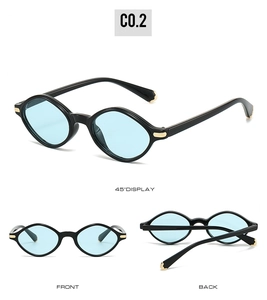 Affichage à trois vues de lunettes de soleil œil-de-chat, monture noire et verres bleus