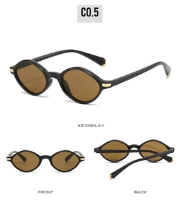 Vue détaillée sous trois angles de lunettes de soleil triangulaires avec monture noire et verres bruns