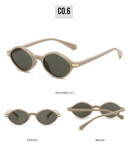 Trois vues de lunettes de soleil œil-de-chat beige avec verres gris et détails dorés