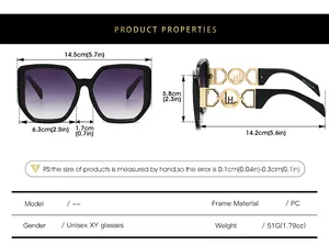 Detailed size chart for oversized fashion sunglasses showing frame width and lens height
