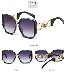 Three-view display of blue-yellow tortoiseshell sunglasses with gold metal geometric detail