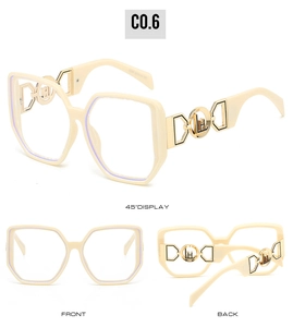 Vues détaillées des lunettes hexagonales crème avec accents dorés et logo LH gravé