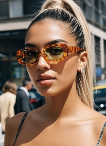 Close-up of tortoise shell rectangle sunglasses with yellow lenses on a model
