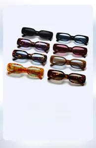 Detailed grid of retro rectangular sunglasses in various jelly colors and vintage tints