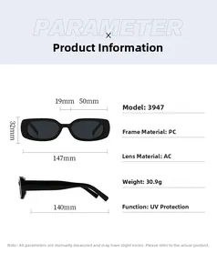 Detailed size chart and technical specifications for narrow rectangular sunglasses