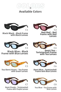 Grid view of rectangular sunglasses in eight color variants with jelly frames and tinted lenses