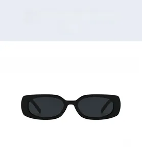Front view of stylish black rectangular sunglasses with dark grey UV lenses