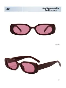 Detailed front and side views of vintage red rectangular thick frame sunglasses