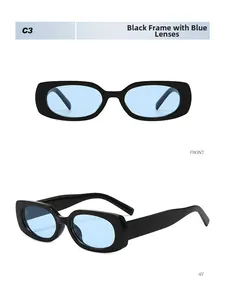 Front and angled views of retro narrow black frame sunglasses with light blue lenses