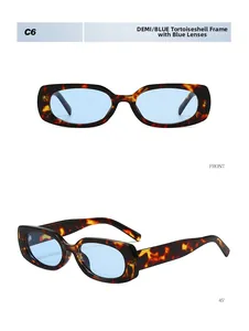 Detail view of tortoiseshell rectangle sunglasses with blue lenses from front and side