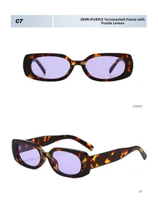 Detail of tortoise shell rectangular sunglasses with purple lenses and side view