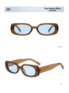 Detailed view of Y2K tea-colored frame sunglasses with blue lenses in front and side views