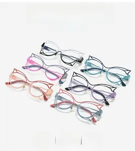 Close-up of stylish hollow cat-ear glasses frames in six vibrant assorted colors