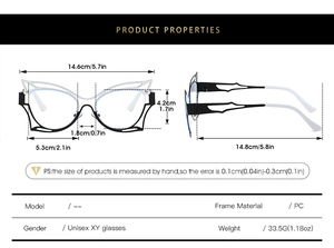 Detailed size chart for black and white cat-eye glasses frame with precise measurements