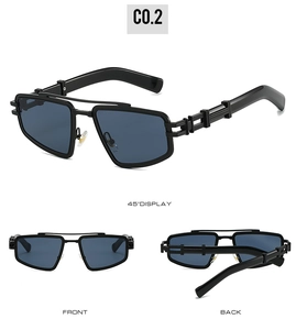 Lunettes de soleil punk industriel à monture polygonale noire avec branches mécaniques