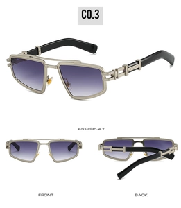 Vue sous trois angles de lunettes punk rétro avec monture argentée et verres violets