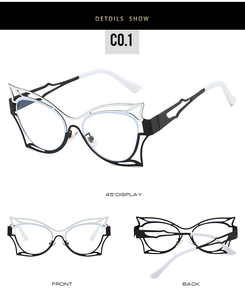Macro shot of stylish hollow-out cat eye frames in contrasting black and white tones