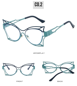Three-view display of cat-eye frames in blue and green with hollow geometric ear details