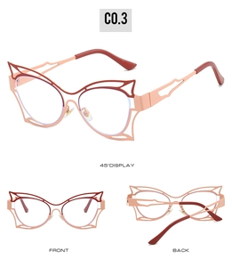 Detail view of pink metal cat-eye glasses frame with hollowed temples and multi-angle views